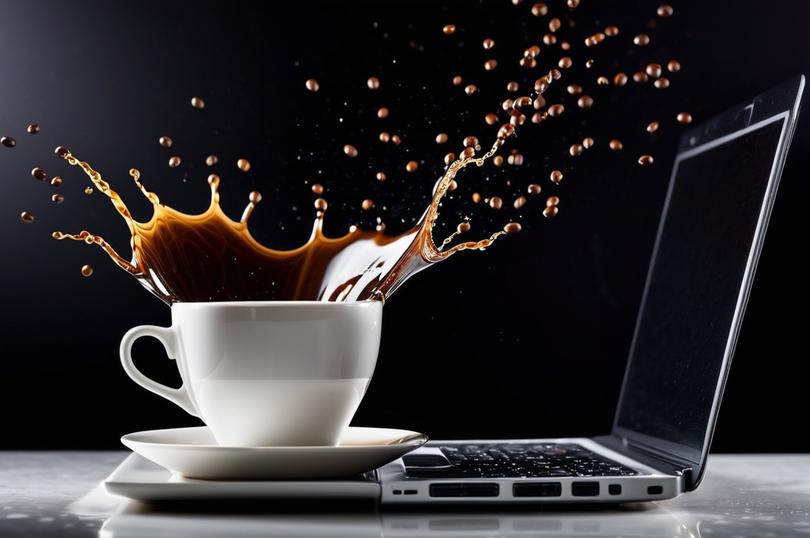 Kaffee verschüttet auf einem Notebook, Wasserschaden am Gerät – schnelle Reparatur und Hilfe.